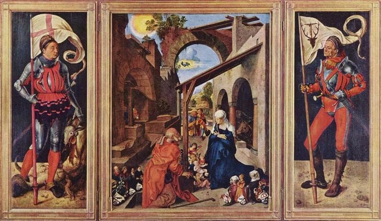 Paumgartner Altarpiece (center panel - The Nativity, wings - St. George, St. Eustace) — Albrecht Dürer
