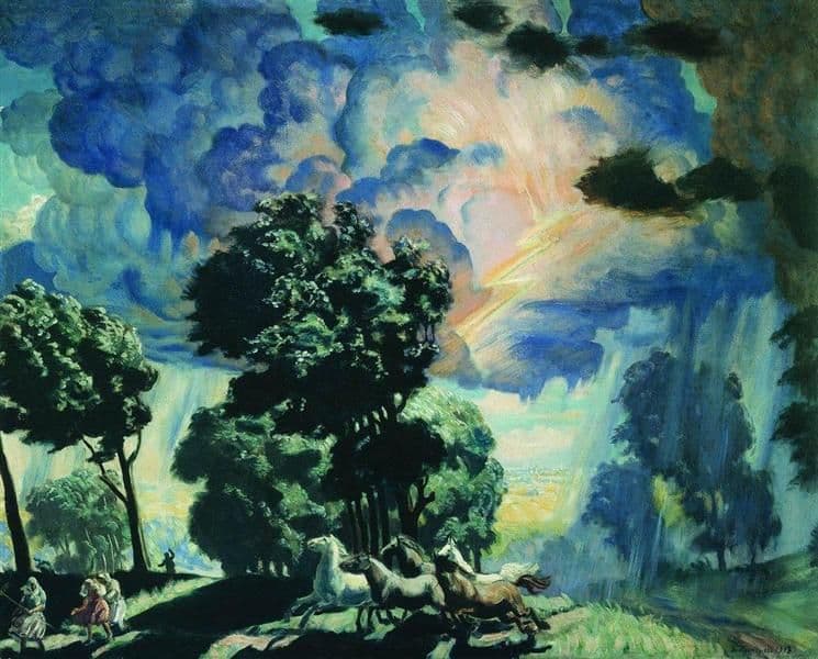 Лошади во время грозы — Boris Kustodiev