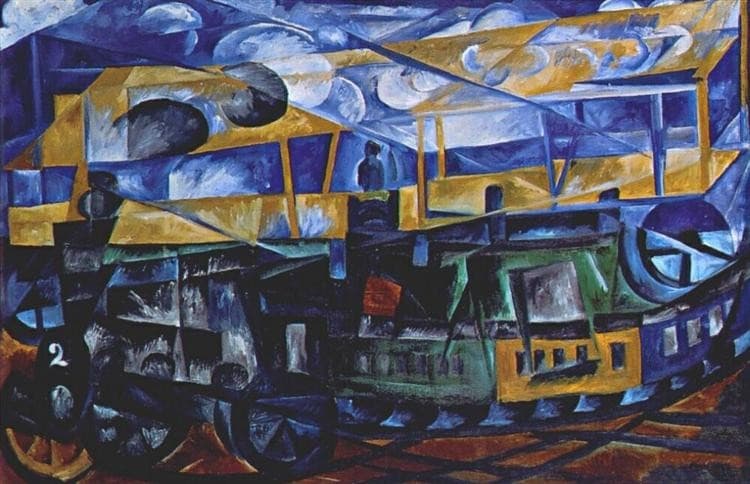 Airplane over train — Natalia Goncharova