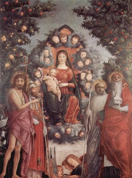 Madonna with saints St. John theBaptist, St. Gregory I the Great, St. Benedict — Andrea Mantegna
