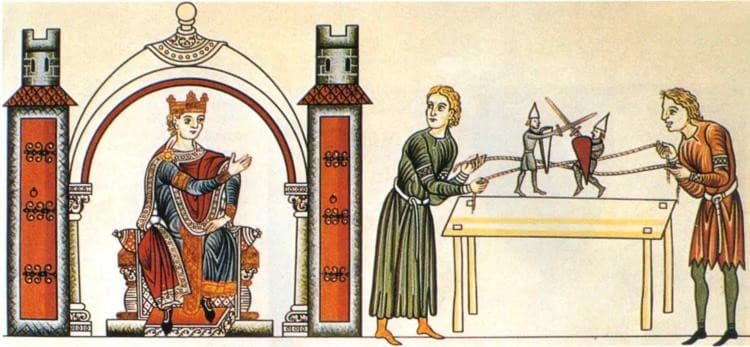 Fighting Knight-Puppets, from Hortus Deliciarum — Herrad of Landsberg