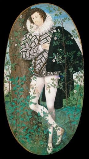 A Young Man Leaning Against a Tree Amongst Roses — Nicholas Hilliard
