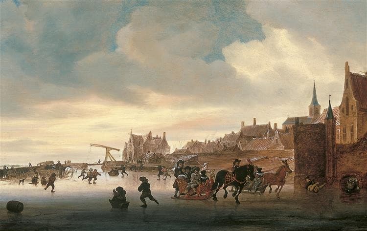 A Winter Landscape with Skaters and Sleighs before a Town — Salomon van Ruysdael