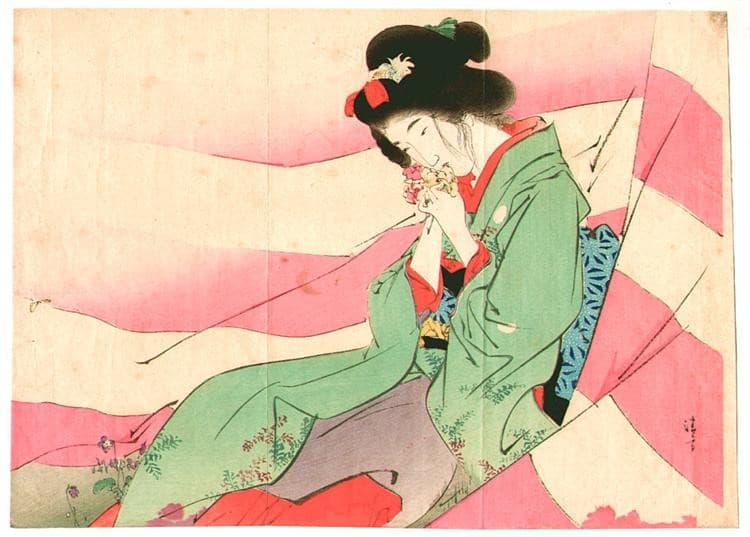 Bijin in pink and white curtain — Kiyokata Kaburagi