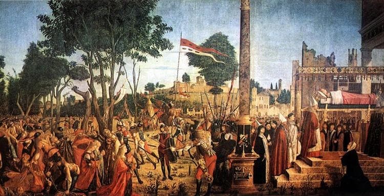 The Martyrdom of the Pilgrims and the Funeral of St. Ursula, from the St. Ursula Cycle, 1490-94 — Vittore Carpaccio