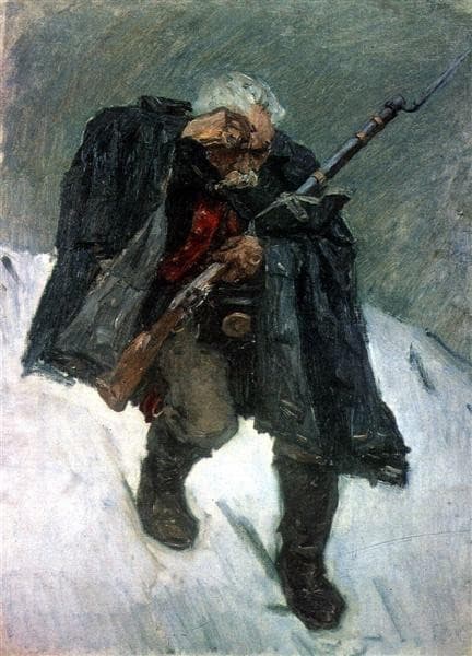 Старый солдат, спускающийся по склону снежной горы — Vasily Surikov