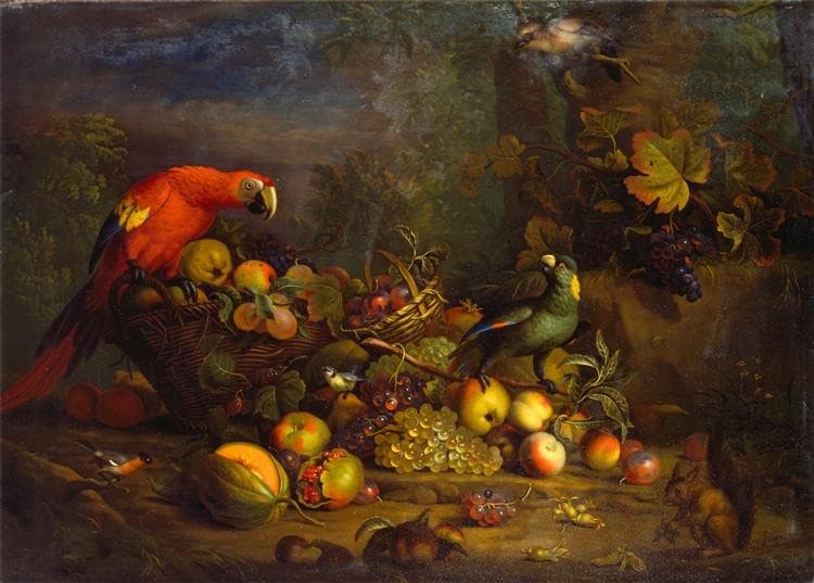Parrots and Fruit with Other Birds and a Squirrel — Tobias Stranover