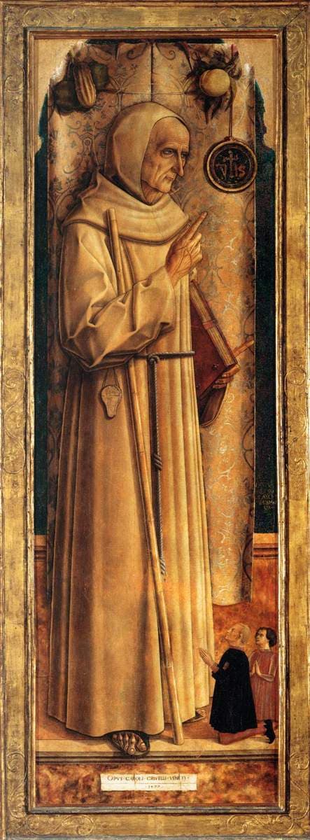 Saint James of the Marches with two kneeling donor — Carlo Crivelli