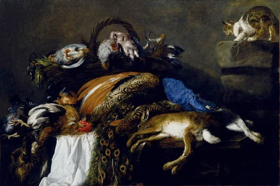 Still Life with Dead Game on a Table, with a Cat — Jan Fyt