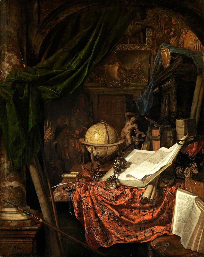 Still Life with Globe, Books, Sculpture, and Other Objects — Jan van der Heyden