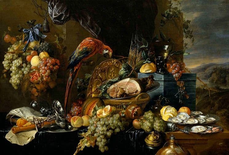 Abundant Still Life with a Parrot — Jan Davidsz. de Heem