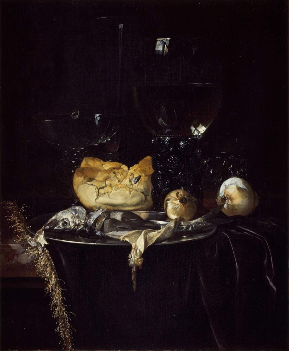 Still life with glassware, bread and onions on a dark cloth — Willem van Aelst