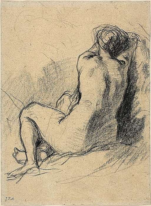Recto: study of a seated nude woman seen from the back — Jean-François Millet. Reverse sketches of working peasants not shown.