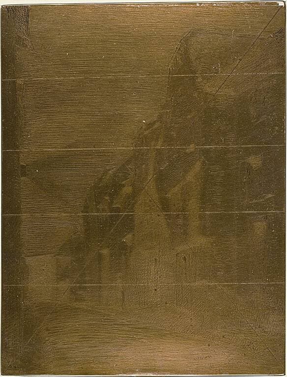 Street at Saverne by James McNeill Whistler: the cancelled copper printing plate, with etched street scene and cancellation lines.