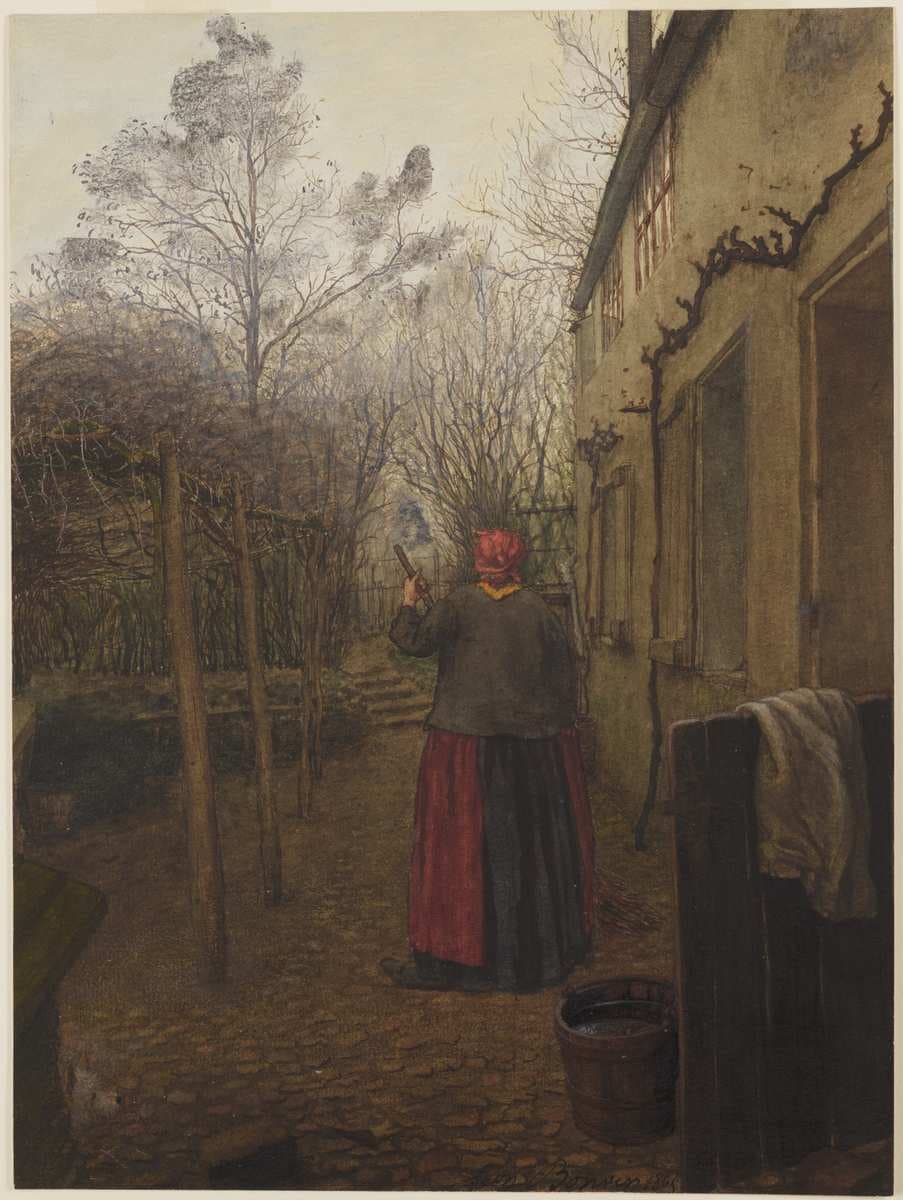 Woman Sweeping the Yard outside the Inn at Vaugirard — Léon Bonvin