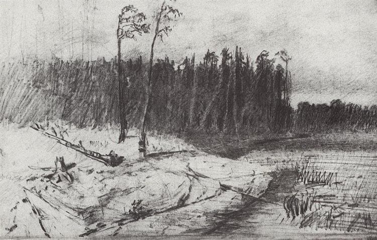 Arkhip Kuindzhi, Лес у воды. The supplied image omits outer sheet margins, the top-left number and lower-right stamp/annotation. Source oil/canvas metadata conflicts with the museum’s graphite-on-paper description; exact individual pencil marks establish this drawing. The complete supplied source image is retained with no additional crop or recolouring.