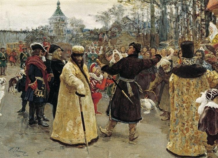 Приезд царей Иоанна и Петра Алексеевичей на Семеновский Потешный двор гор. Москвы и зачисление молодых сокольников в потешные — Ilya Repin