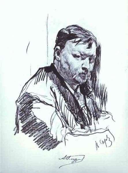 Valentin Serov, Портрет А. Глазунова. This reproduction matches the printed design associated with native inventory Гр.-40847. WikiArt does not independently identify the individual paper impression as the museum holding. The source has pale paper and stronger dark lines, with different margins; the native lower printer line and collection stamp are outside the source frame. Source design date 1899 and native/catalogue date 1900 remain separate. The source frame and colour are preserved; no additional crop was applied.
