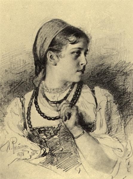 Ilya Repin, Портрет Татьяны Мамонтовой. Outer sheet margins, the native lower-right collection stamp and some bottom drawing lines are outside the supplied source frame. Source 1879 and native/catalogue 1878 dates remain separate; it is not represented as the full sheet. The complete supplied source is retained without additional crop or recolouring.