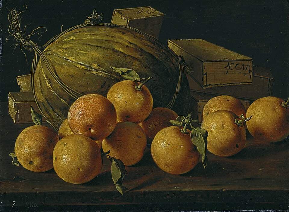 Bodegón con naranjas, melón y cajas de dulces — Luis Egidio Meléndez