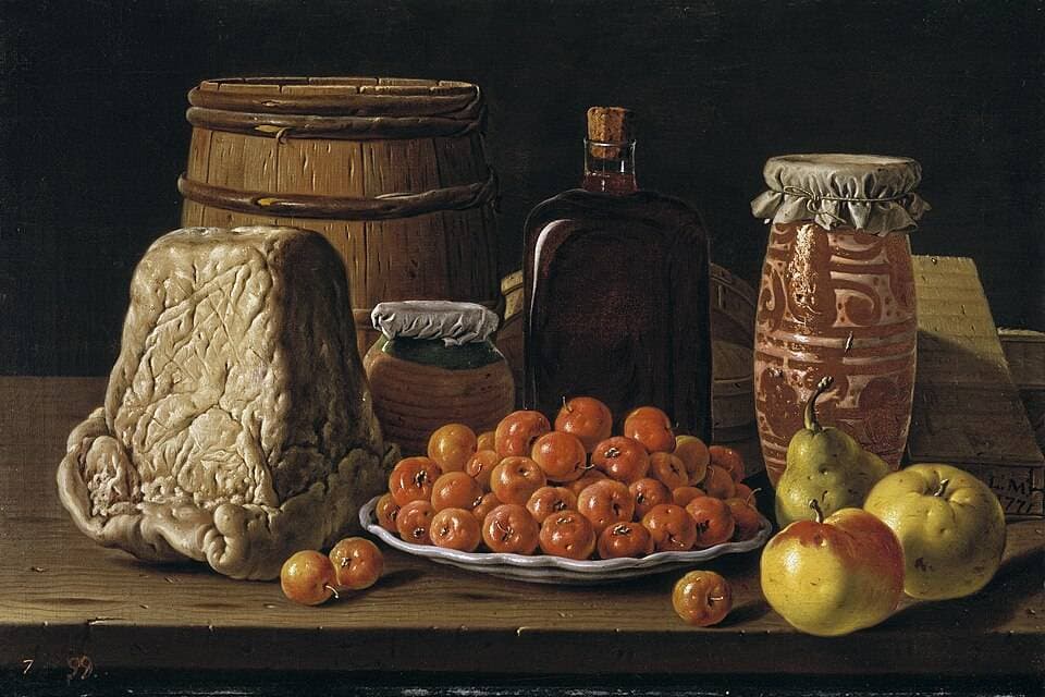 Bodegón con plato de acerolas, frutas, queso, melero y otros recipientes — Luis Egidio Meléndez