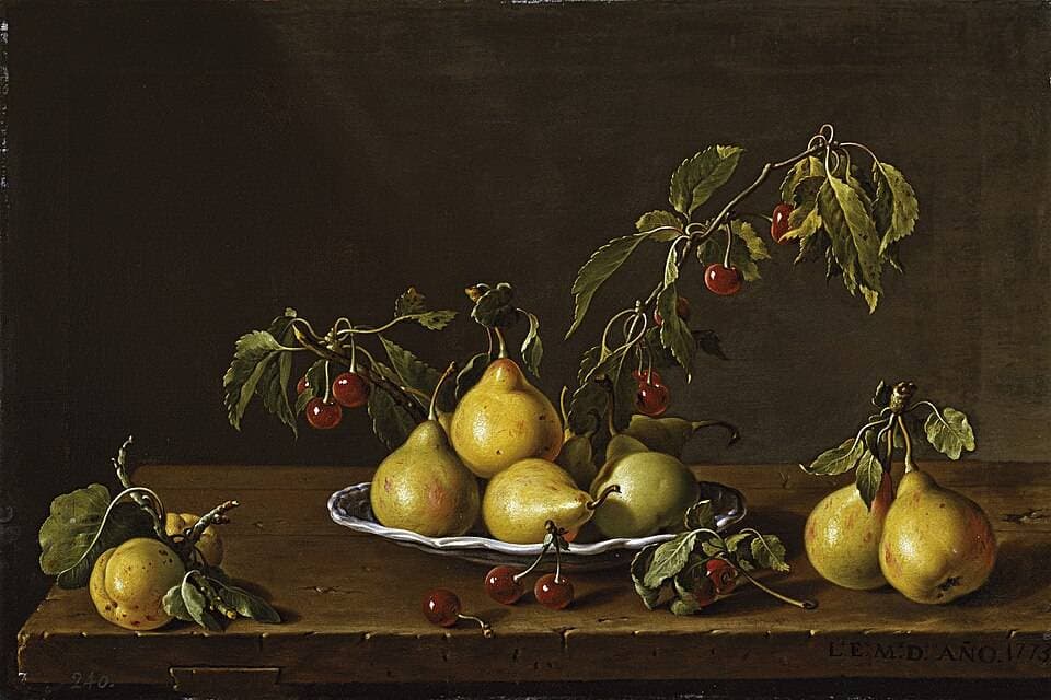 Bodegón con plato de peras y guindas — Luis Egidio Meléndez