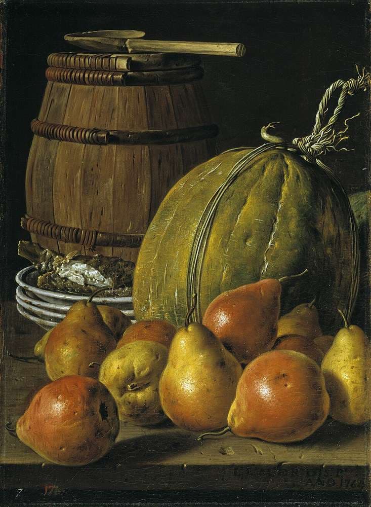 Bodegón con peras, melones, platos y barril — Luis Egidio Meléndez