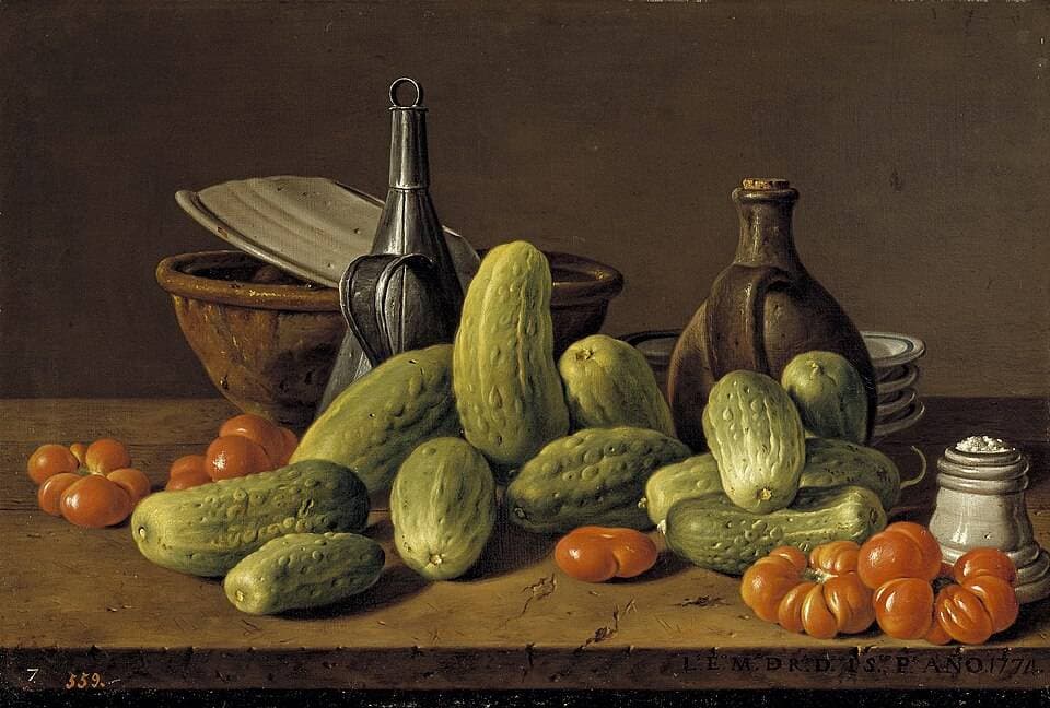 Bodegón con pepinos, tomates y recipientes — Luis Egidio Meléndez