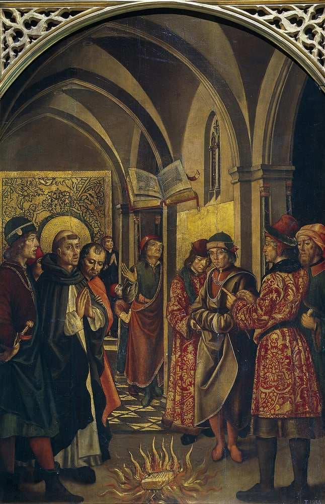 La prueba del fuego (Santo Domingo y los albigenses) — Pedro Berruguete