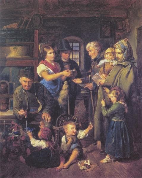 A traveling family of beggars is rewarded by poor peasants on Christmas Eve — Ferdinand Georg Waldmüller