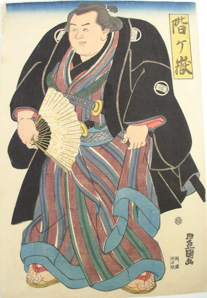 Sumo wrester in blue-brown striped underkimono — Utagawa Toyokuni II