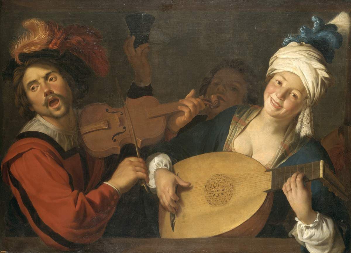 A Merry Group Behind a Balustrade with a Violin and a Lute Player — Gerard van Honthorst
