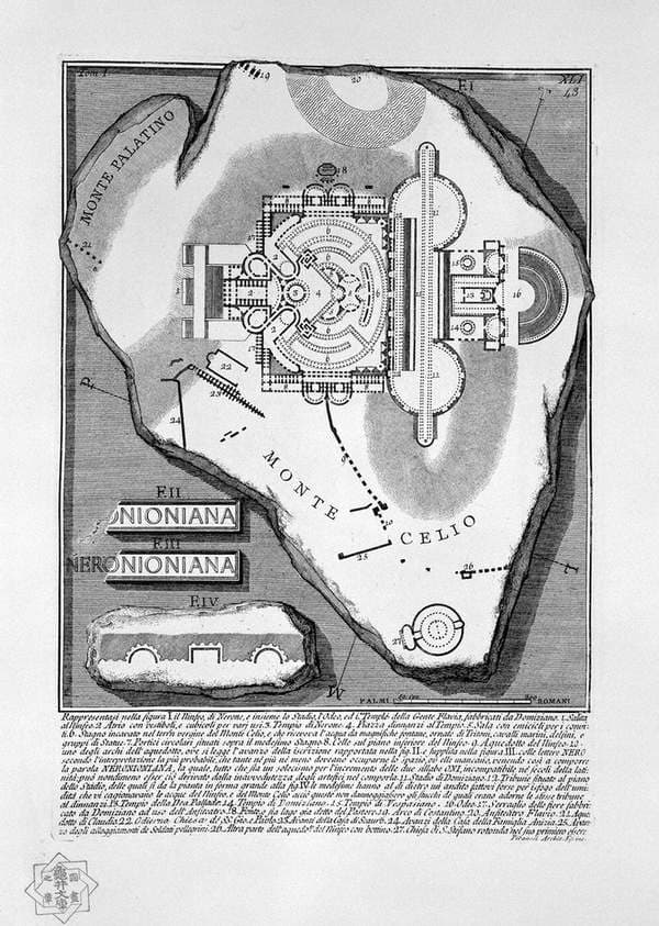 The Roman antiquities, t. 1, Plate XLI. The Nymphaeum of Nero, the Stadium, the `Odeo, and the Temples of the people Flavia, manufactured by Domitian — Giovanni Battista Piranesi