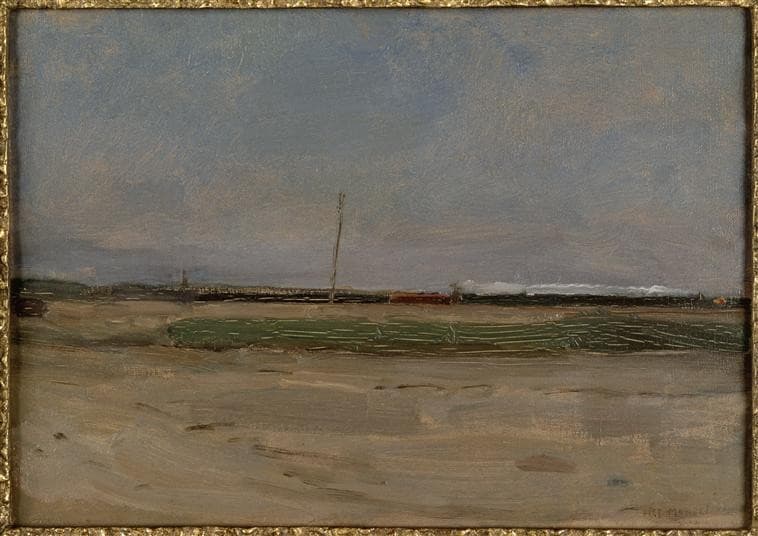 Polder Landscape with a Train and a Small Windmill on the Horizon — Piet Mondrian