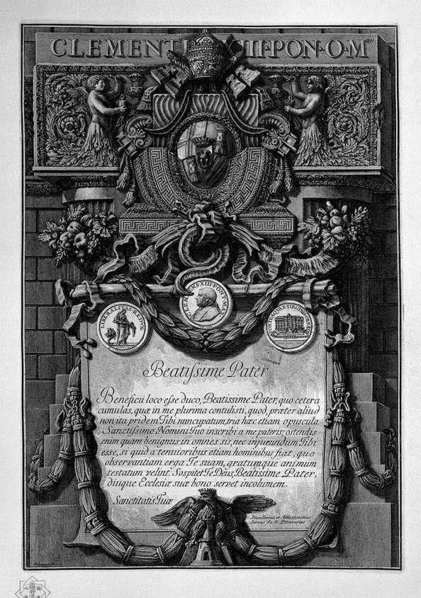 According to Cover Up the papal coat of arms, under a large cartouche garlanded with a dedication to Pope Clement XIII — Giovanni Battista Piranesi
