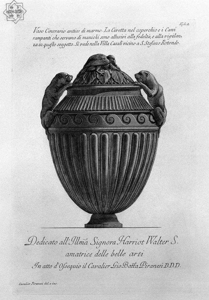 Ancient marble urn vase with dogs and an owl flying buttresses, ribbed — Giovanni Battista Piranesi
