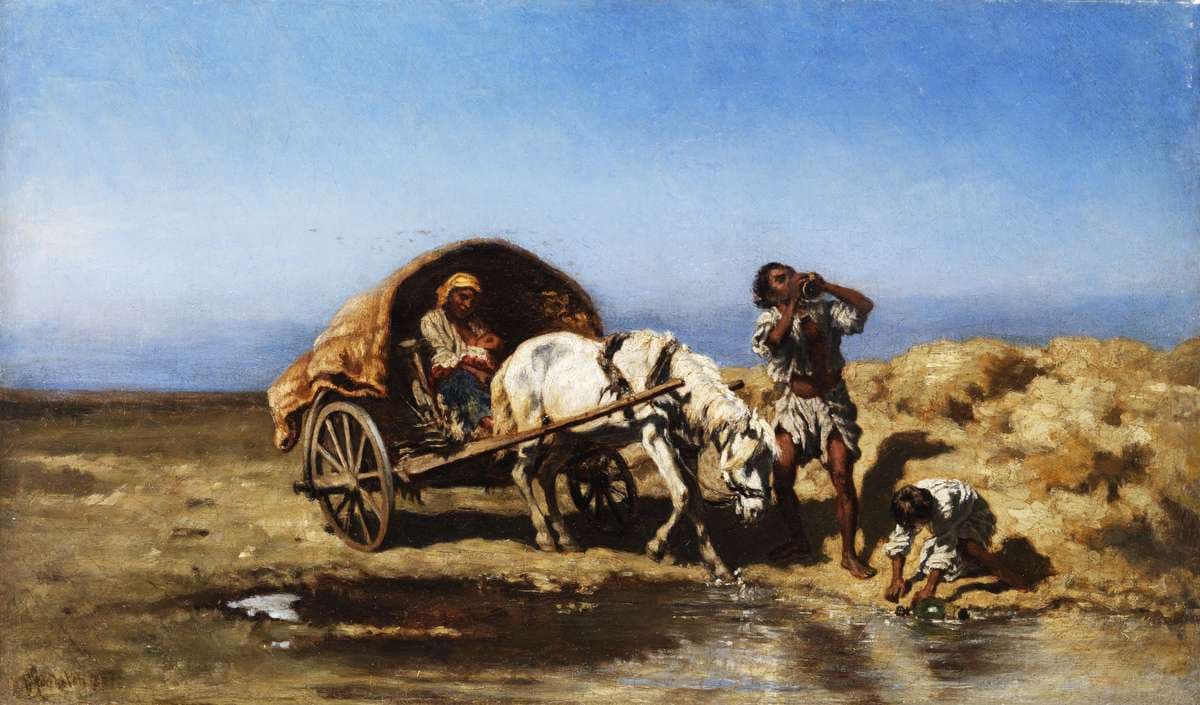 Gypsy Carts at the Water Trough — August von Pettenkofen