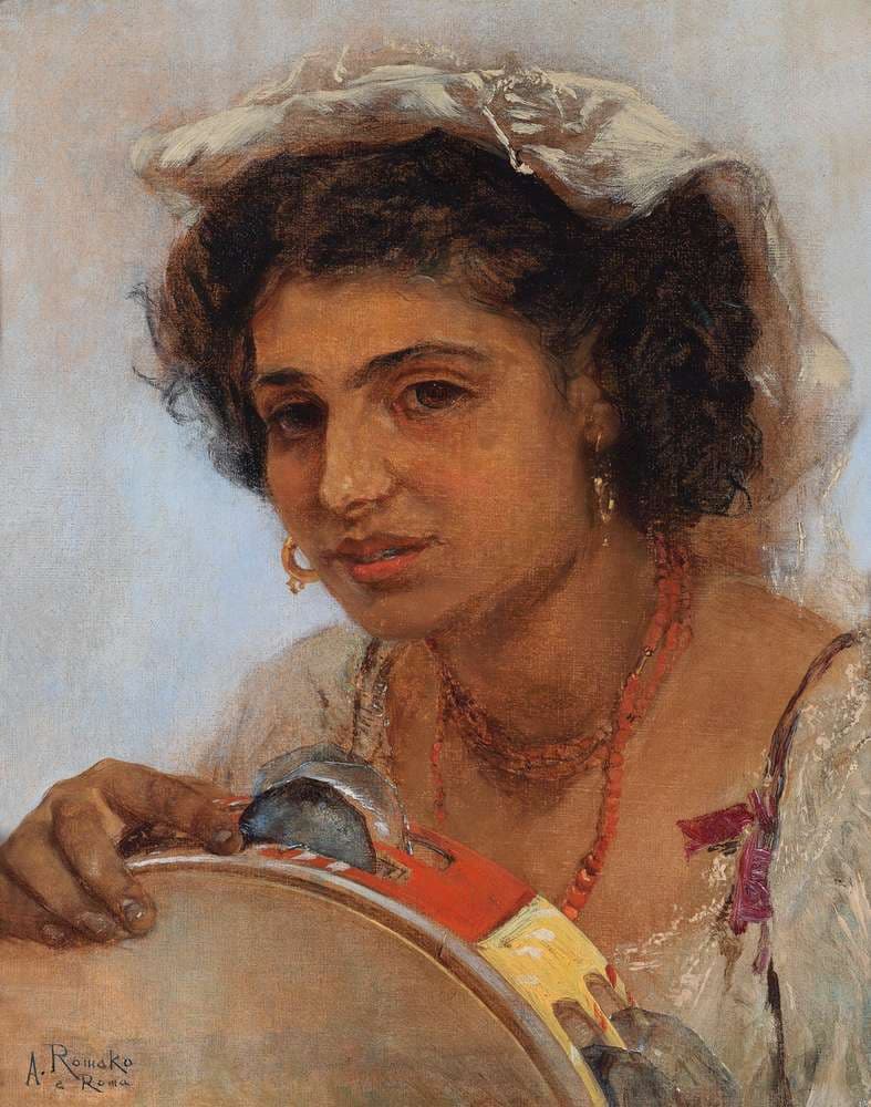 Italian girl with headscarf and tambourine — Anton Romako