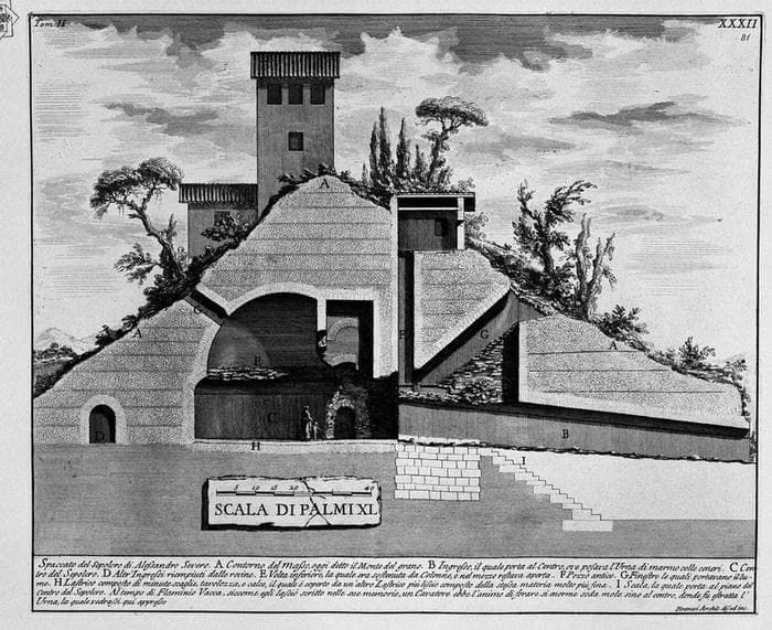 The Roman antiquities, t. 2, Plate XXXII. Plan and external view of the tomb of Alexander Severus located outside Porta S. John about a mile from the aqueducts. — Giovanni Battista Piranesi