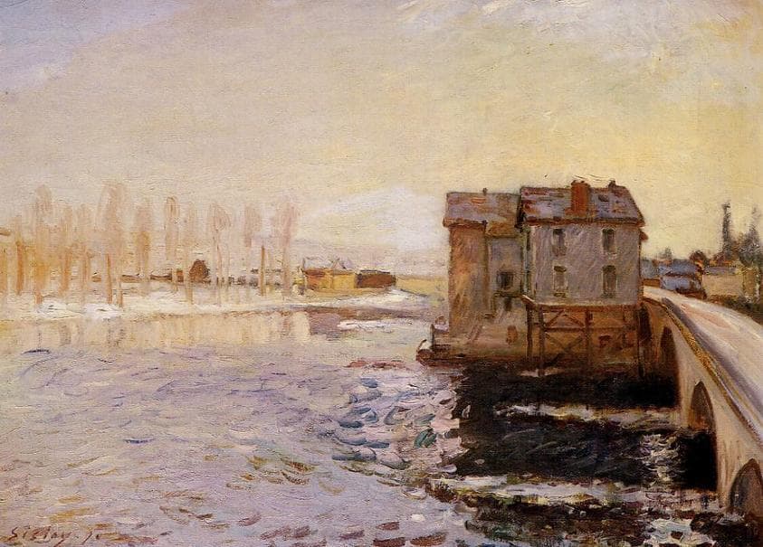 The Moret Bridge and Mills under Snow — Alfred Sisley