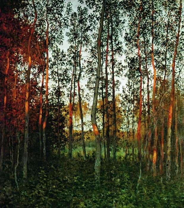 The last rays of the sun. Aspen forest. — Isaac Levitan