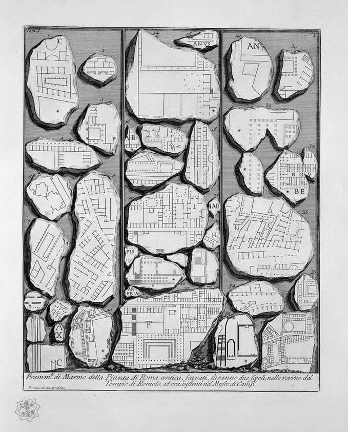 The Roman antiquities, t. 1, Plate IV. Map of ancient Rome and Forma Urbis. — Giovanni Battista Piranesi