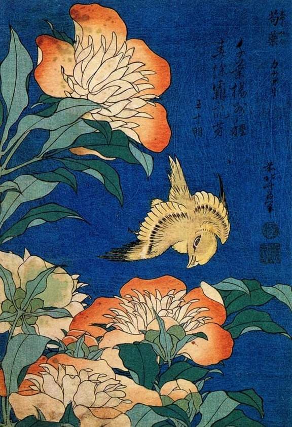 Canary and Peony — Katsushika Hokusai