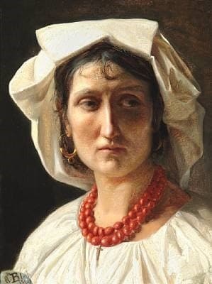 Portrait of a young Italian woman with white bonnet and coral necklace with a cross — Carl Bloch