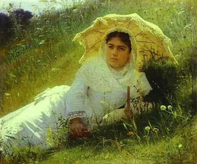 Woman with an Umbrella (In the Grass, Midday) — Ivan Kramskoi