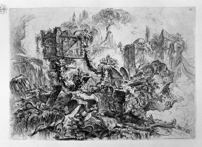 Caprice decoration, a group of ruins inhabited by snakes, surmounted by an ancient tomb, a delicate etching pine in the fund at the bottom right palette — Giovanni Battista Piranesi