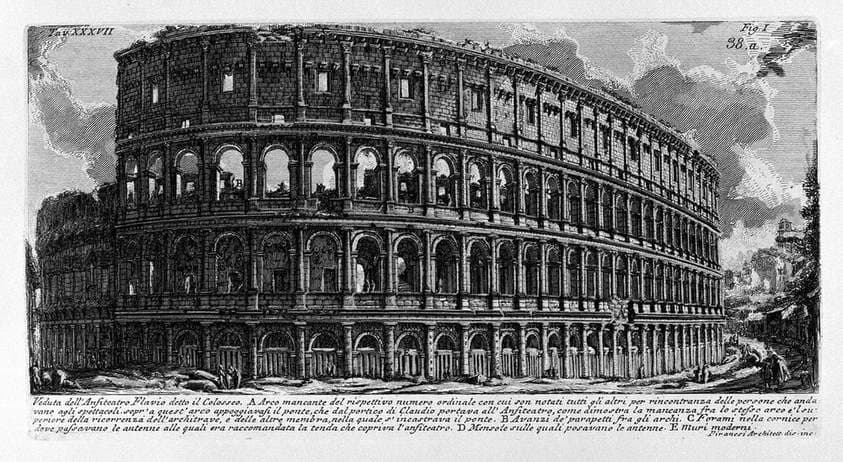 The Roman antiquities, t. 1, Plate XXXVII. View of Flavian Amphitheatre and the Colosseum. — Giovanni Battista Piranesi