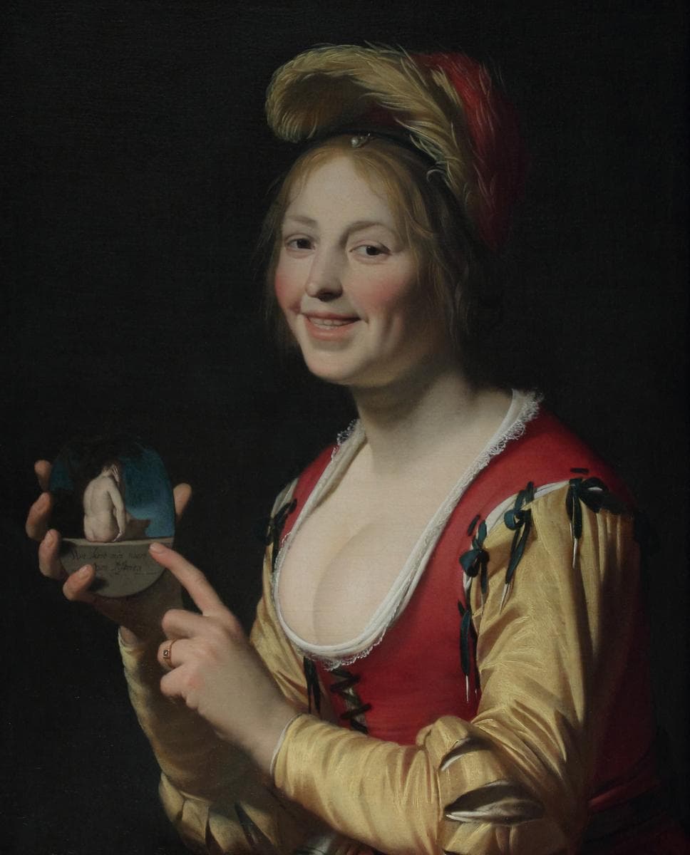 Smiling Girl, a Courtesan, Holding an Obscene Image — Gerard van Honthorst