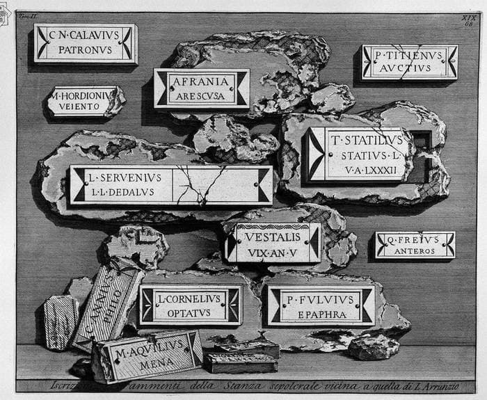 The Roman antiquities, t. 2, Plate XVIX. Inscriptions and fragments of the burial chamber above. — Giovanni Battista Piranesi