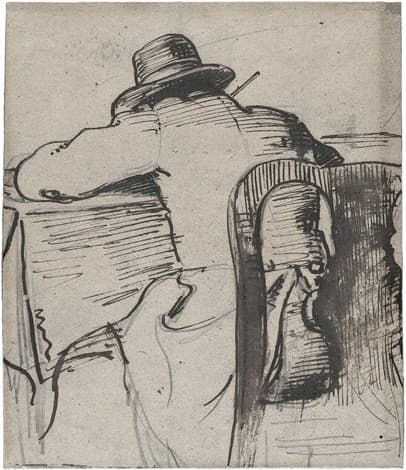 Rear view of a writing man with a hat — Carl Bloch